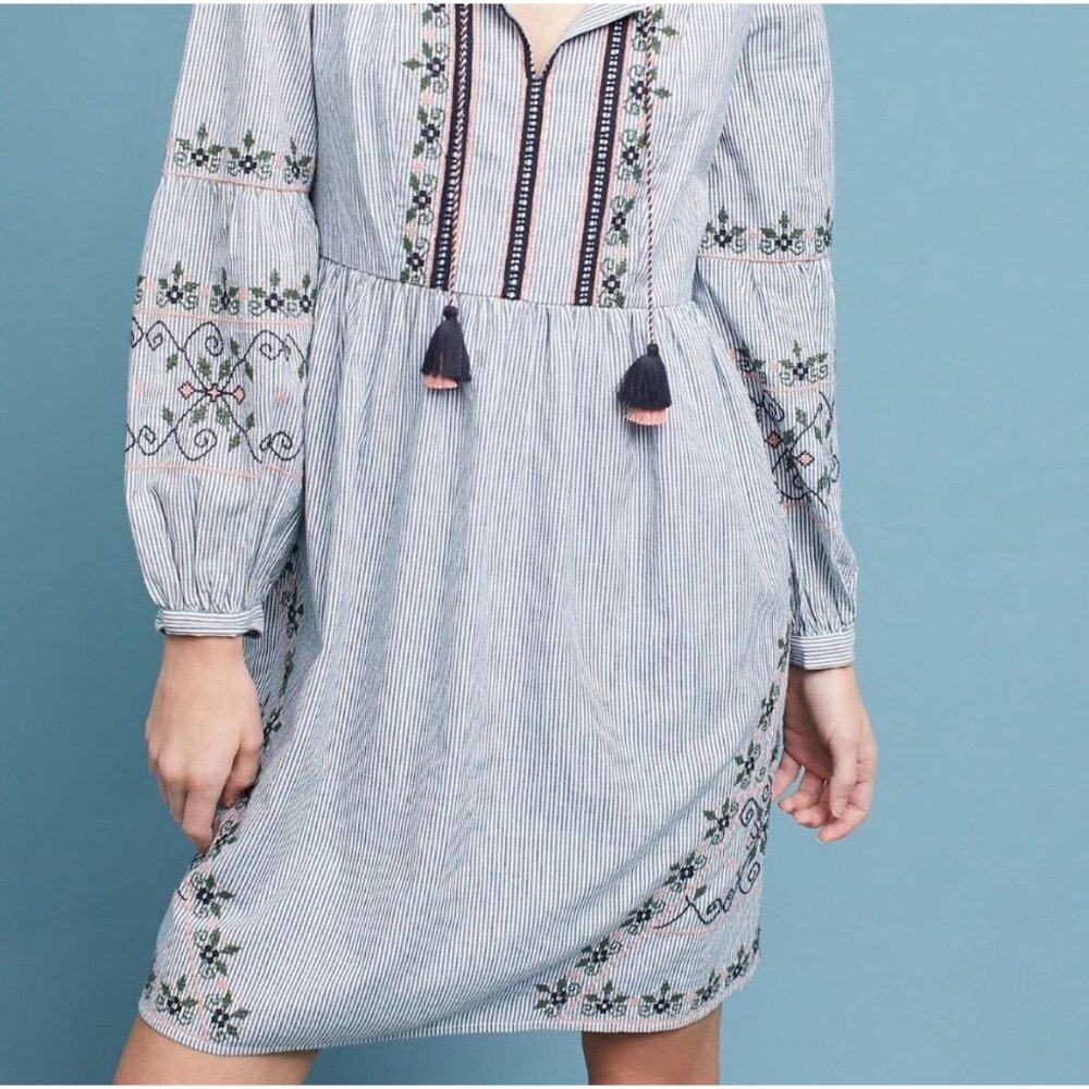 Akimi + Kim women's 4 blue‎ stripe Maddie embroidered long sleeve mini dress